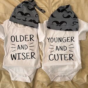 Twin Baby Onesie & Hat Set (3-6M) | Mustache Print NWOT